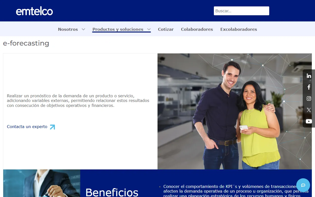 Página del producto e-forecasting de Emtelco, pronóstico de demanda sobre analítica