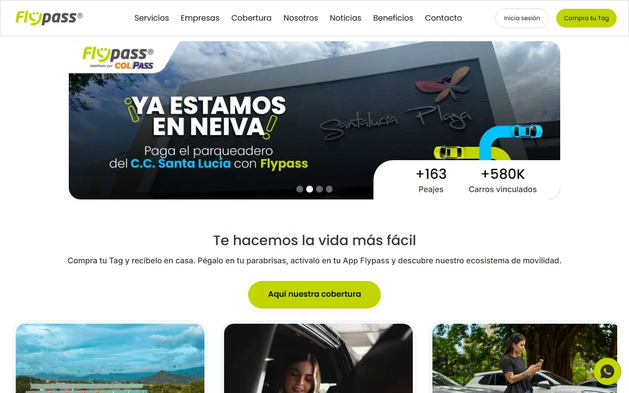 Portada del sitio de Flypass, pagos electrónicos de peajes y parqueaderos