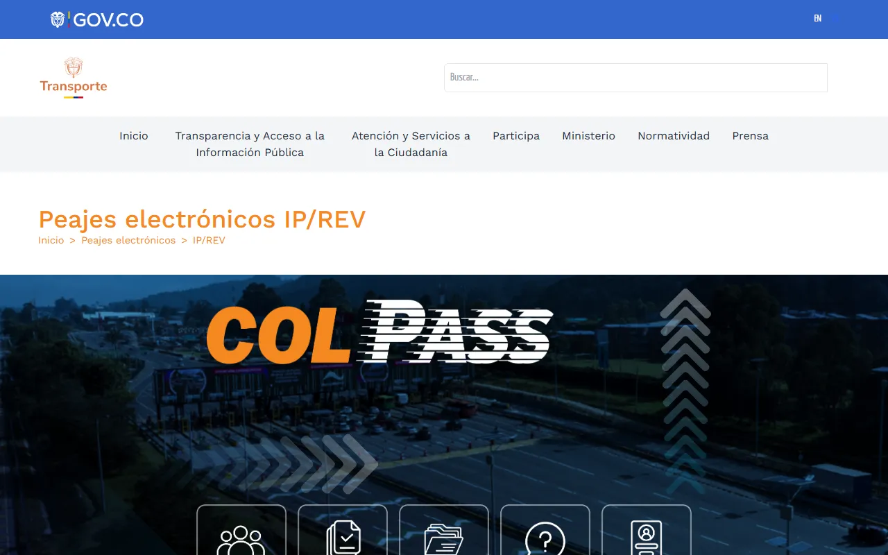 Portada del portal Colpass del Ministerio de Transporte, el sistema IP/REV de recaudo electrónico de peajes