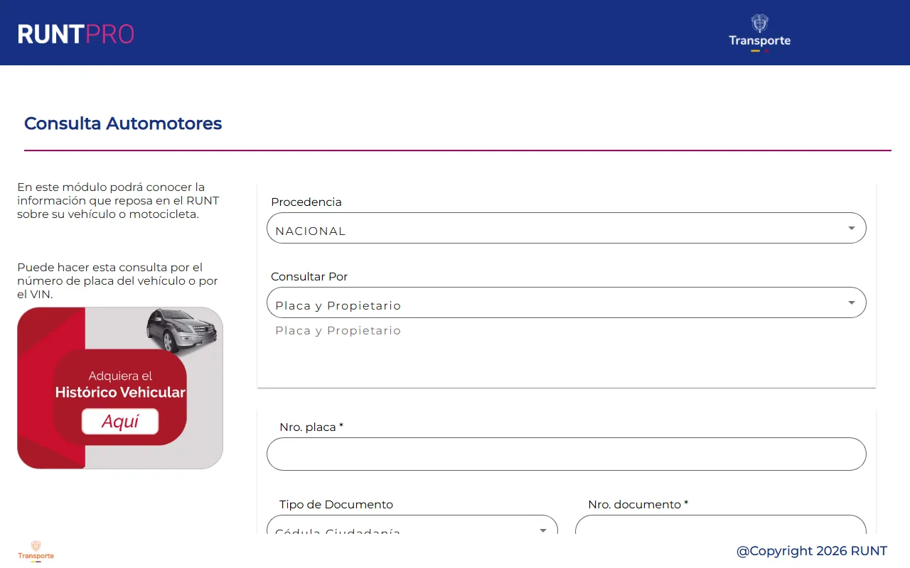 Módulo de consulta de automotores por placa del portal ciudadano del RUNT